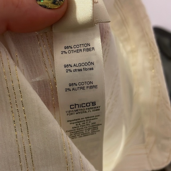 Chico’s Cream with Metallic Gold Stripe Cold Shoulder Long Sleeve Button Blouse - Picture 5 of 16